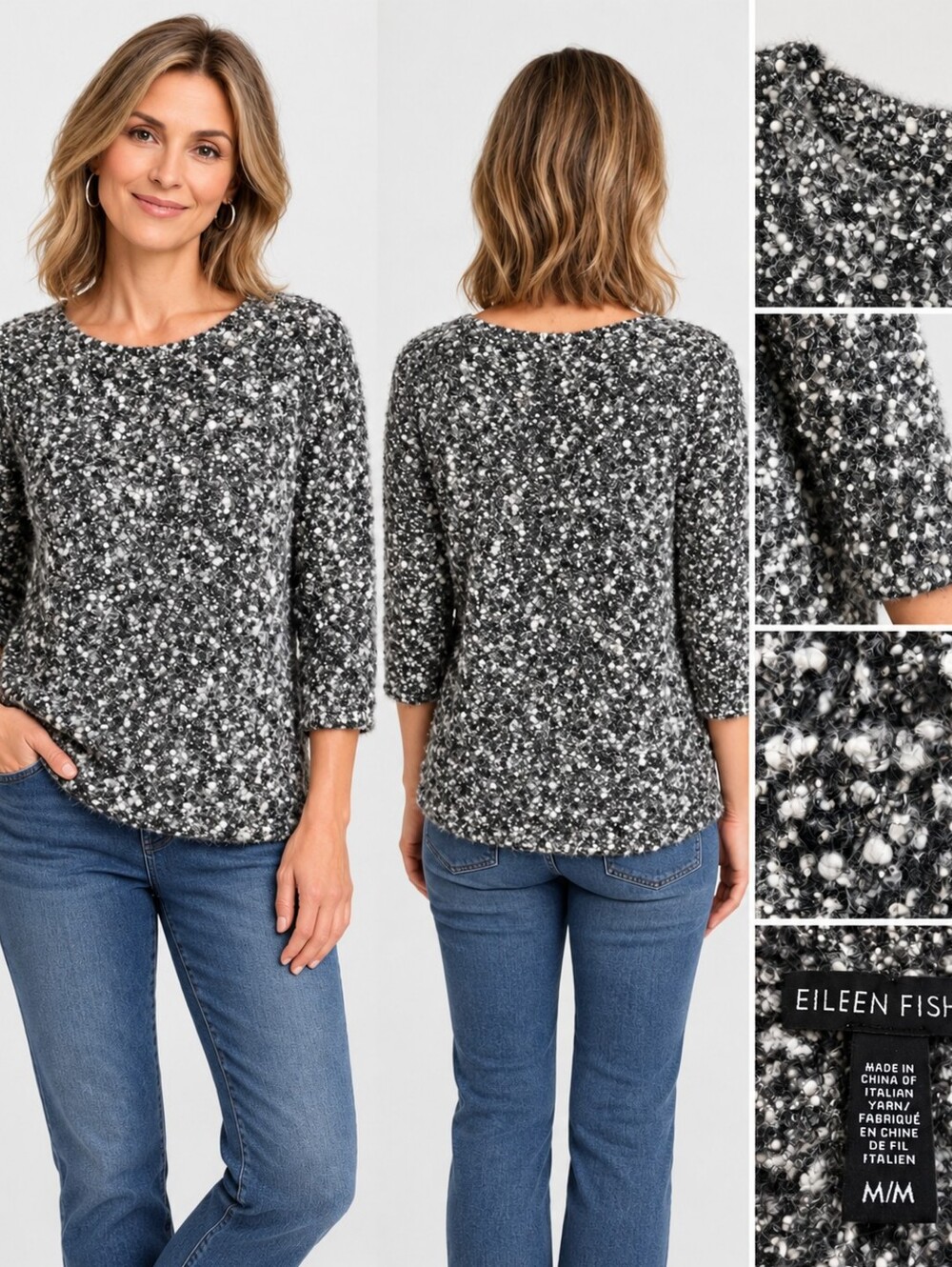 Eileen Fisher Women M (Large) Wool Mohair Boucle Sweater Italian Yarn 3/4 Sleeve